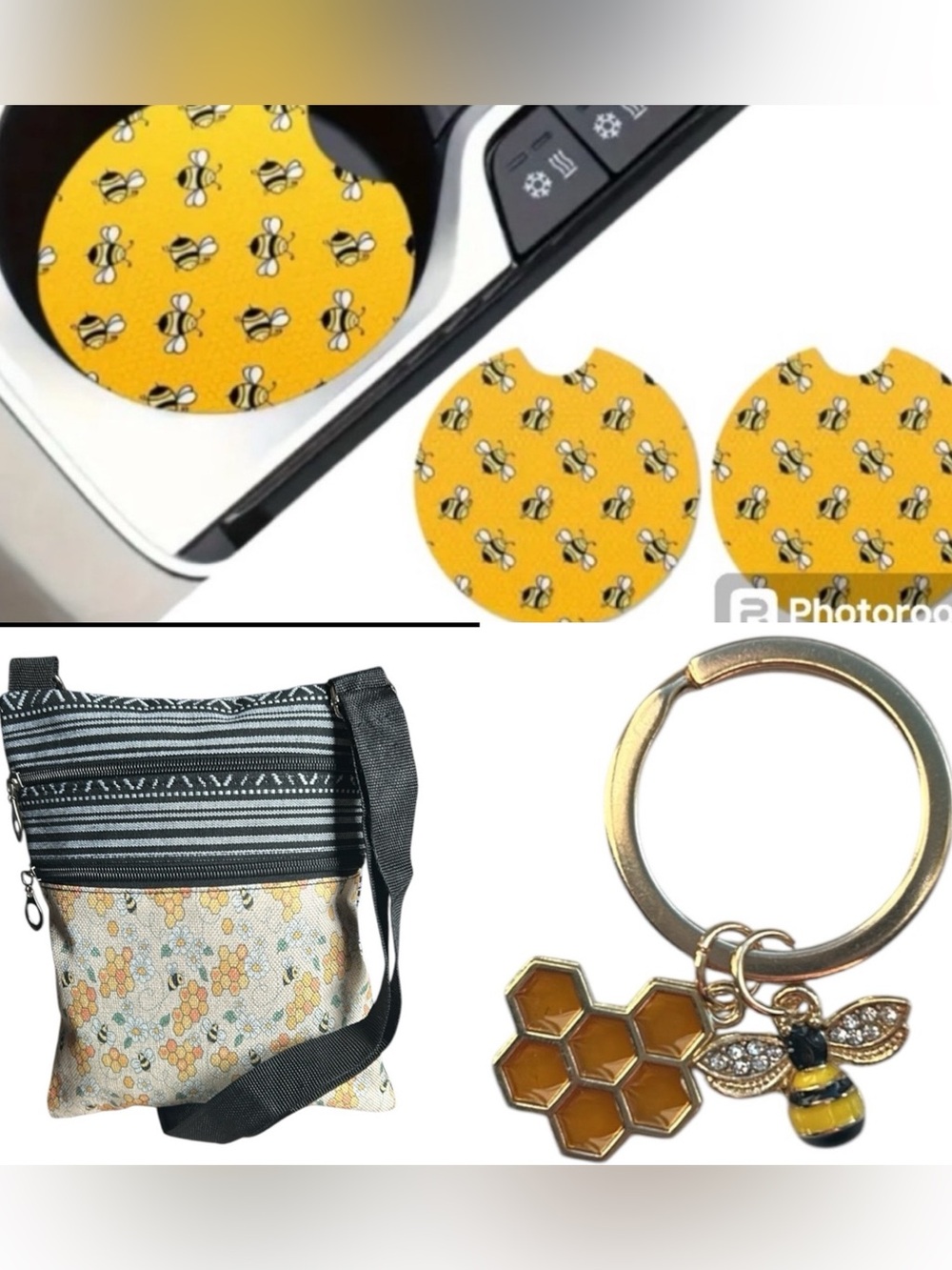 Charming Bee & Honeycomb Pattern Crossbody Bag & a cute Bee & Honeycomb Key ring